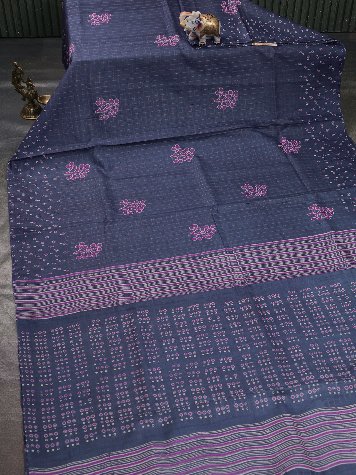 Navy Blue Printed Tussar Silk Saree