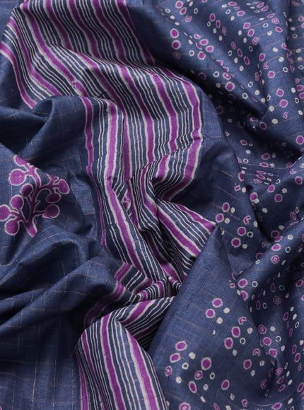 Navy Blue Printed Tussar Silk Saree