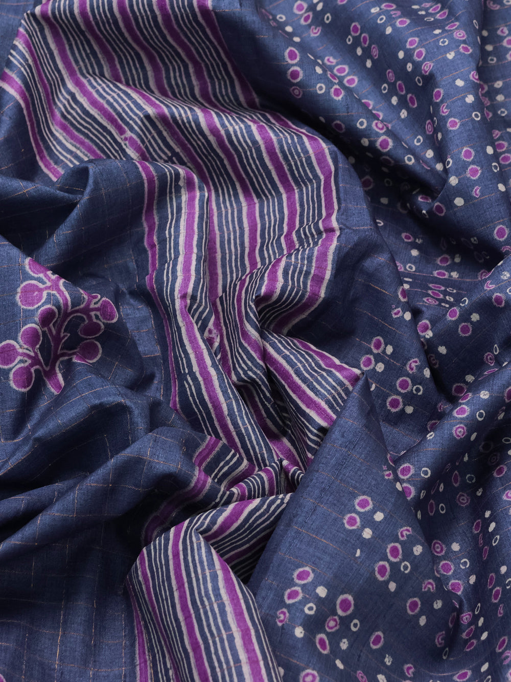 Navy Blue Printed Tussar Silk Saree
