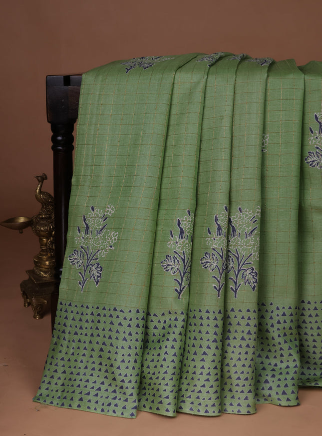 Pista Green Printed Tussar Silk Saree