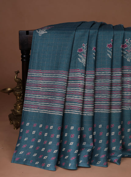Teal Blue Printed Tussar Silk Saree