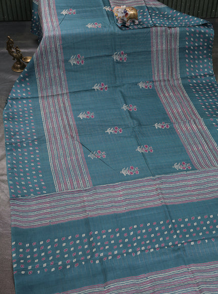 Teal Blue Printed Tussar Silk Saree