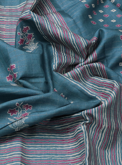 Teal Blue Printed Tussar Silk Saree