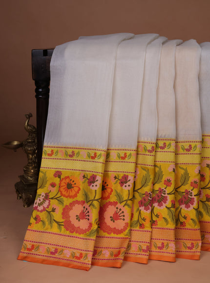 Off White-Mustard Yellow Banarasi Kora Saree