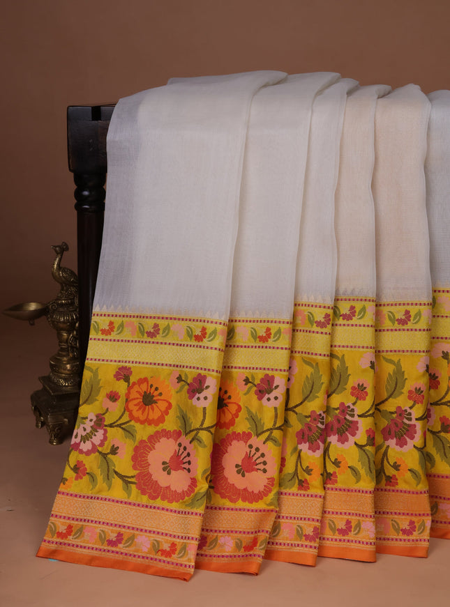 Off White-Mustard Yellow Banarasi Kora Saree