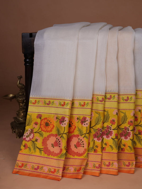 Off White-Mustard Yellow Banarasi Kora Saree