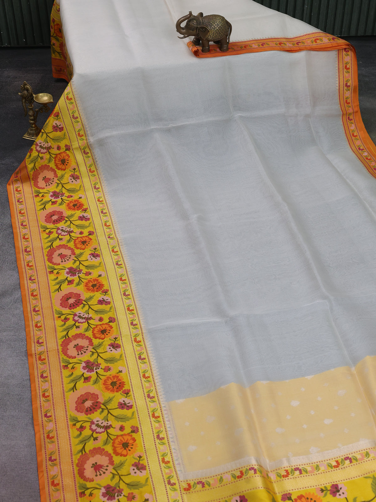 Off White-Mustard Yellow Banarasi Kora Saree