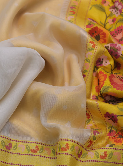 Off White-Mustard Yellow Banarasi Kora Saree