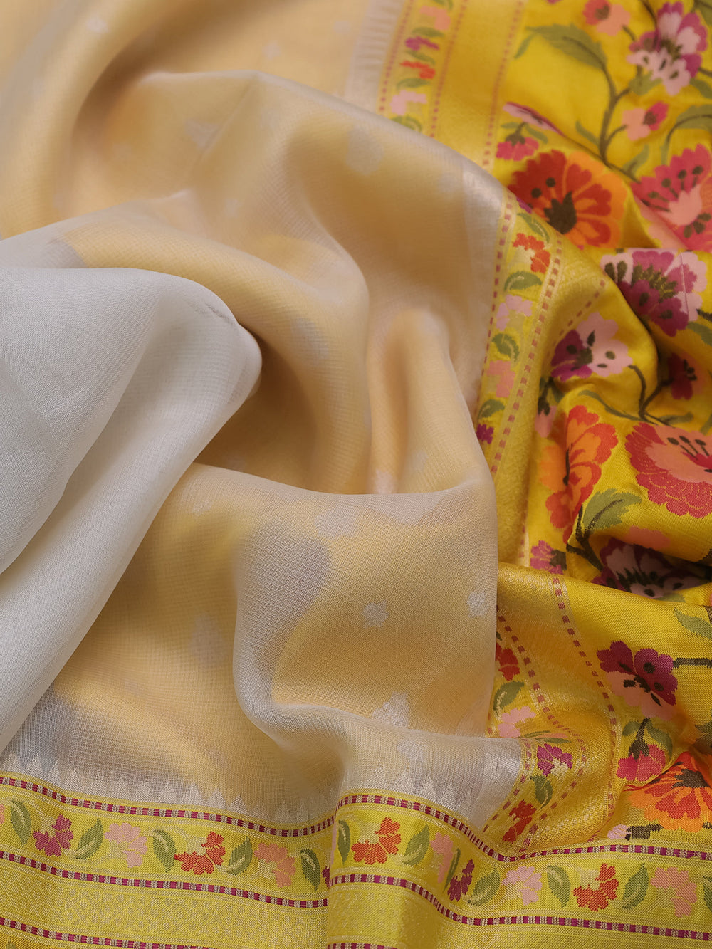 Off White-Mustard Yellow Banarasi Kora Saree
