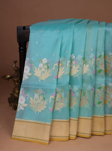 Ferozi-Mustard Yellow Banarasi Kora Saree