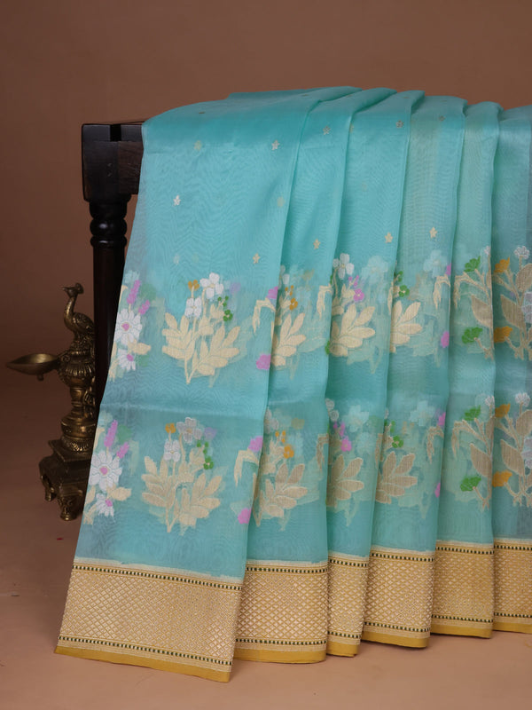 Ferozi-Mustard Yellow Banarasi Kora Saree