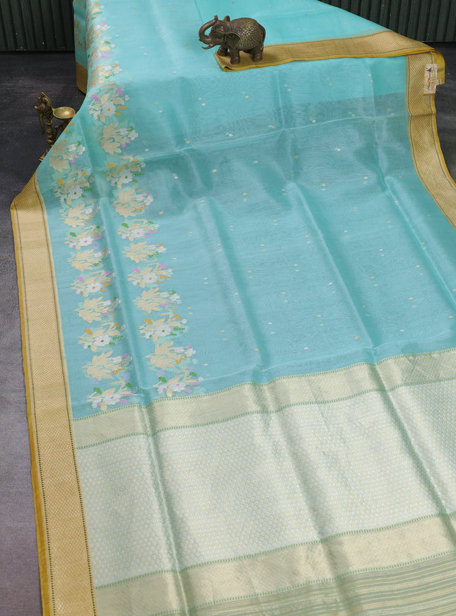 Ferozi-Mustard Yellow Banarasi Kora Saree