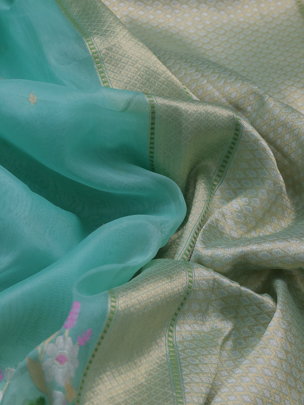 Ferozi-Mustard Yellow Banarasi Kora Saree