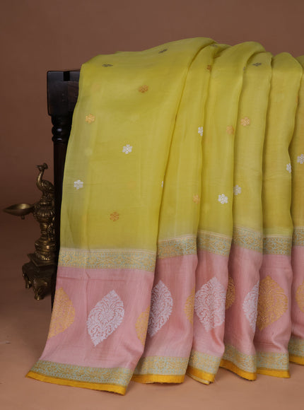 Lime Yellow-Peach Banarasi Kora Saree