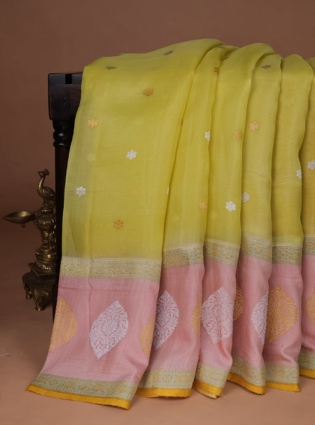 Lime Yellow-Peach Banarasi Kora Saree
