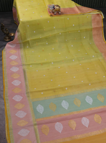 Lime Yellow-Peach Banarasi Kora Saree
