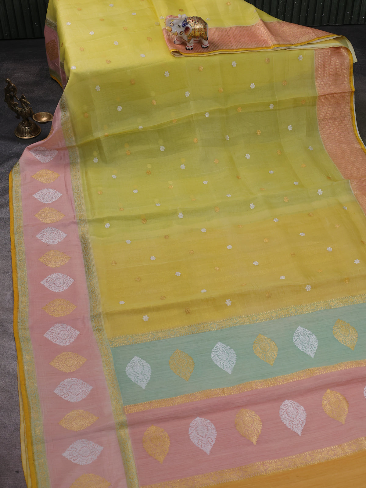 Lime Yellow-Peach Banarasi Kora Saree