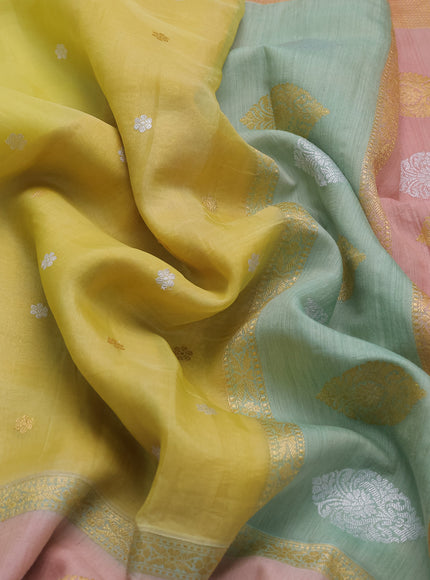 Lime Yellow-Peach Banarasi Kora Saree