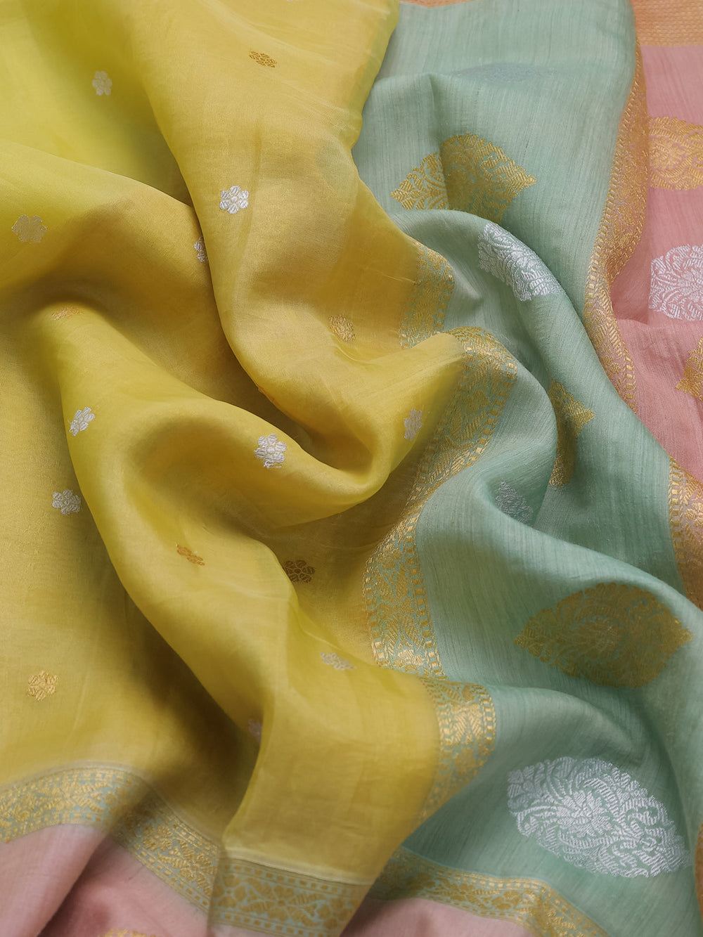 Lime Yellow-Peach Banarasi Kora Saree