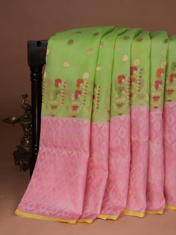 Fluorescent Green -Light Pink Banarasi Kora Saree