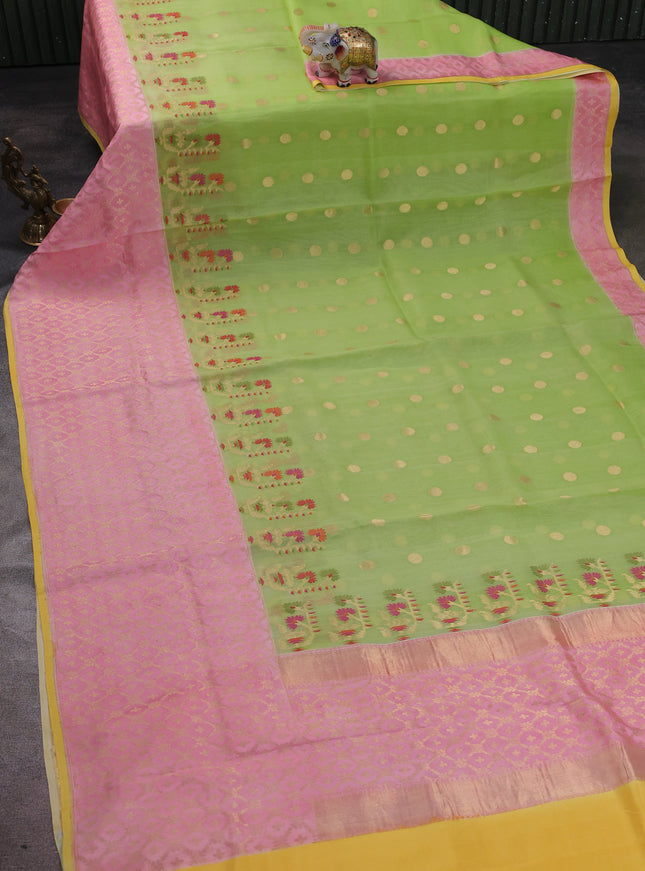 Fluorescent Green -Light Pink Banarasi Kora Saree