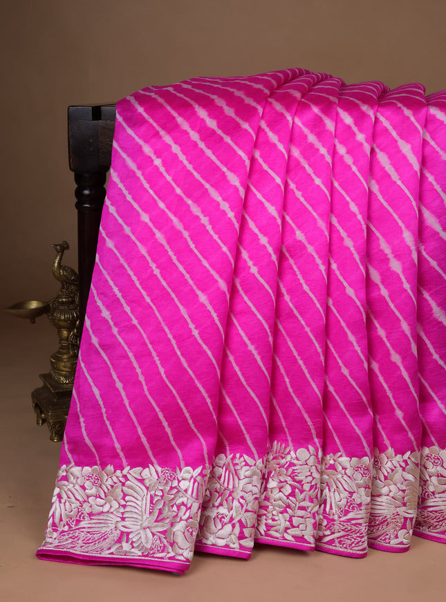 Hot Pink Silk Leheriya Pattern Embroidery Saree