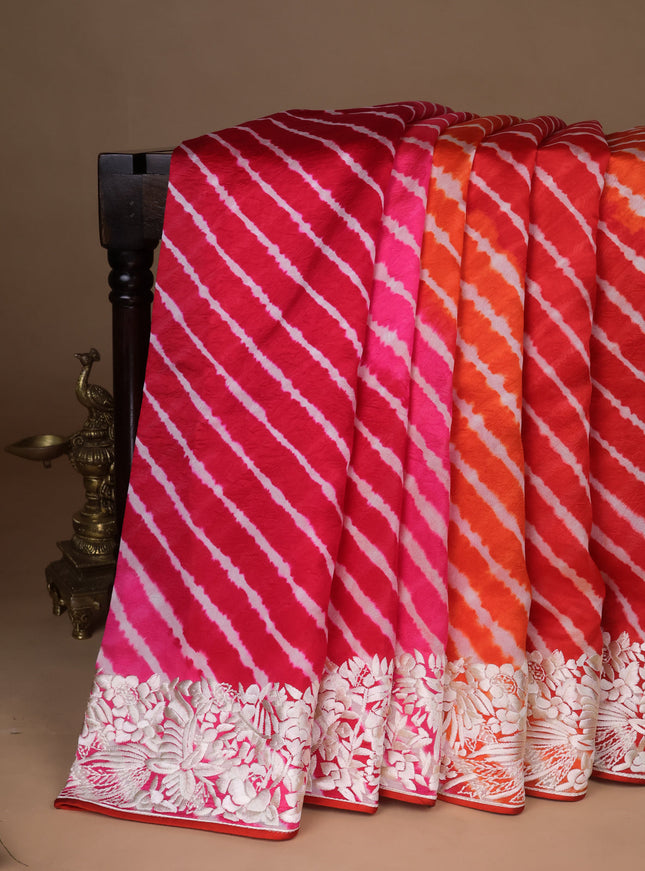 Red-Orange Silk Leheriya Pattern Embroidery Saree