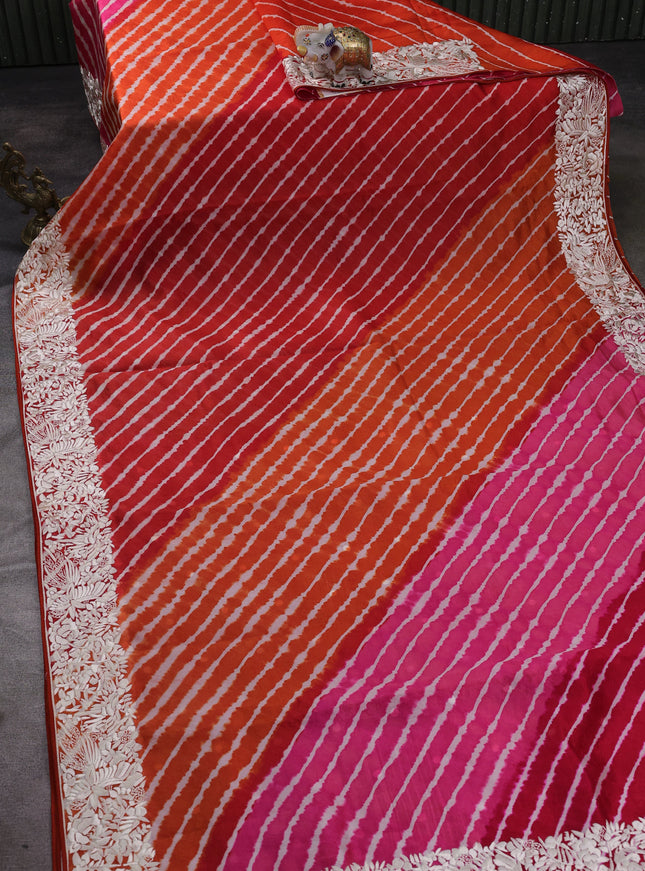 Red-Orange Silk Leheriya Pattern Embroidery Saree