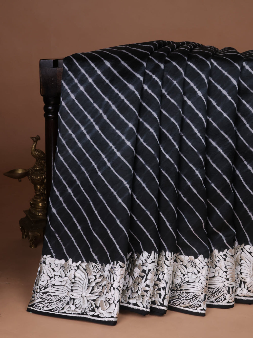 Black Silk Leheriya Pattern Embroidery Saree