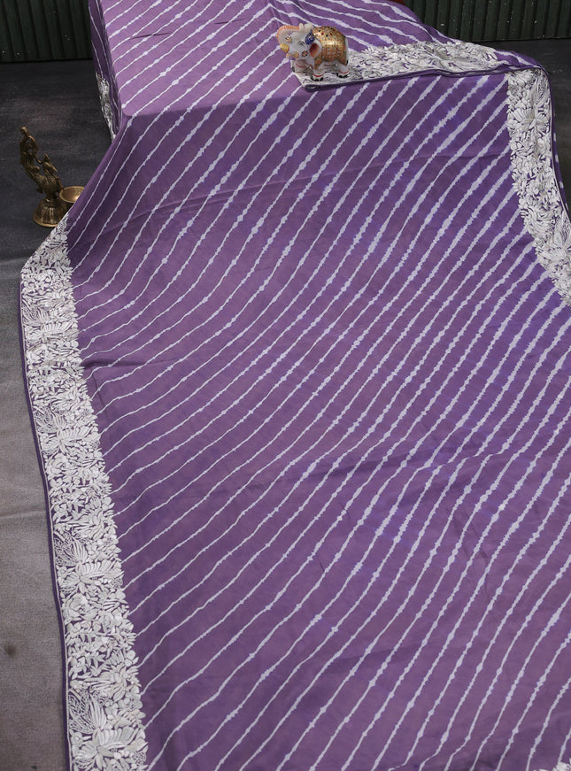 Lavender Silk Leheriya Pattern Embroidery Saree