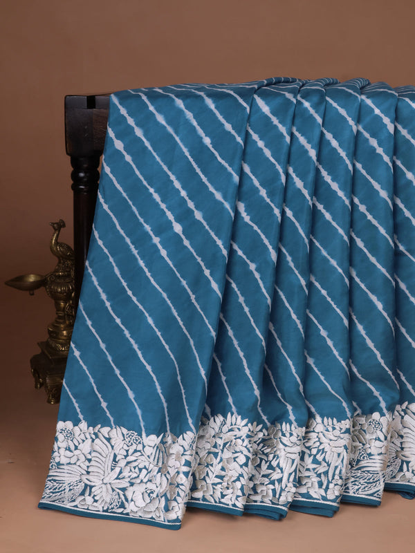 Teal Blue Silk Leheriya Pattern Embroidery Saree