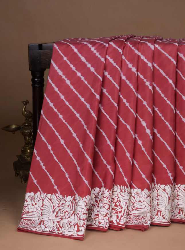 Rust Silk Leheriya Pattern Embroidery Saree