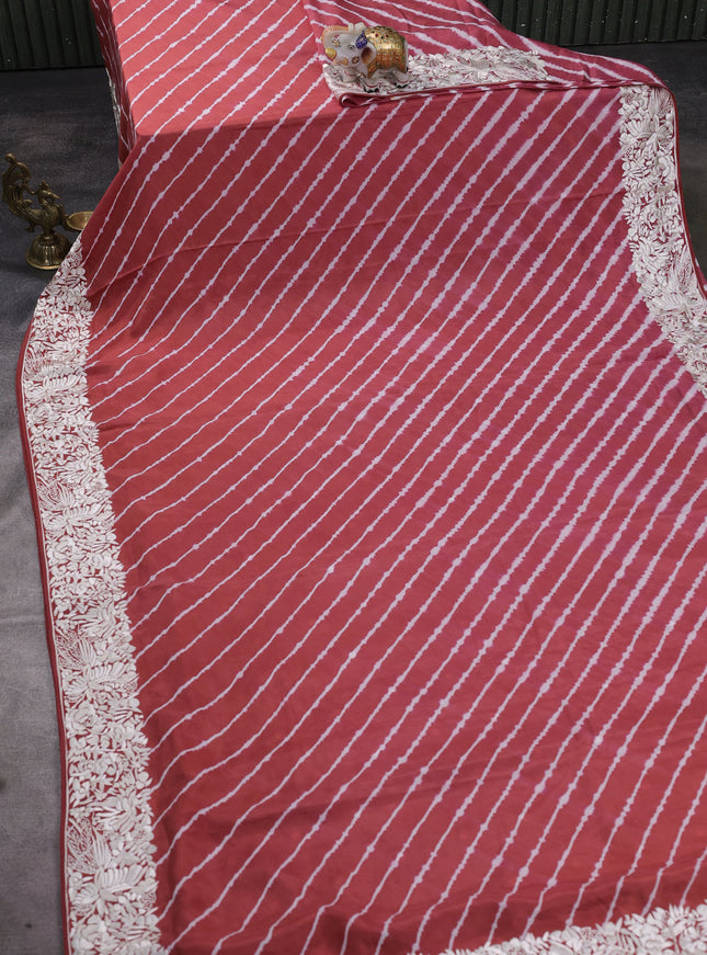 Rust Silk Leheriya Pattern Embroidery Saree