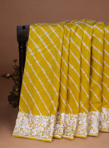 Lemon Yellow Silk Leheriya Pattern Embroidery Saree