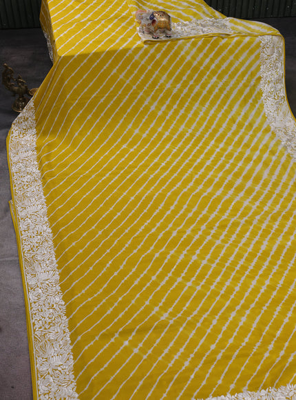 Lemon Yellow Silk Leheriya Pattern Embroidery Saree