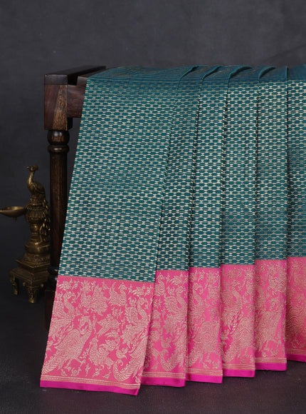 Teal Blue -Pink Pure Kanchipuram Silk Saree