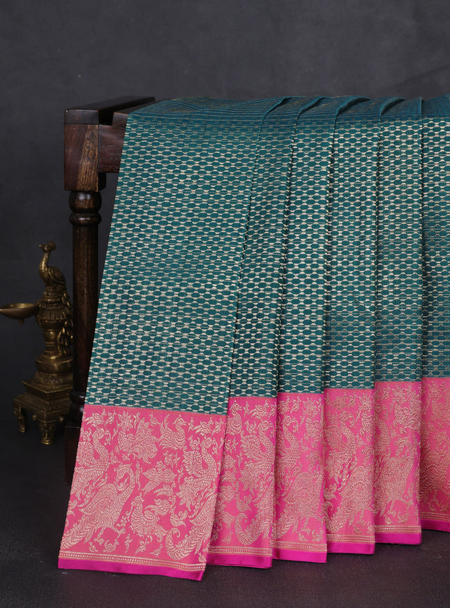 Teal Blue -Pink Pure Kanchipuram Silk Saree