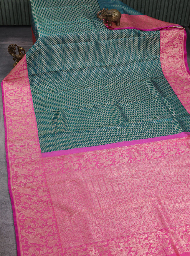 Teal Blue -Pink Pure Kanchipuram Silk Saree
