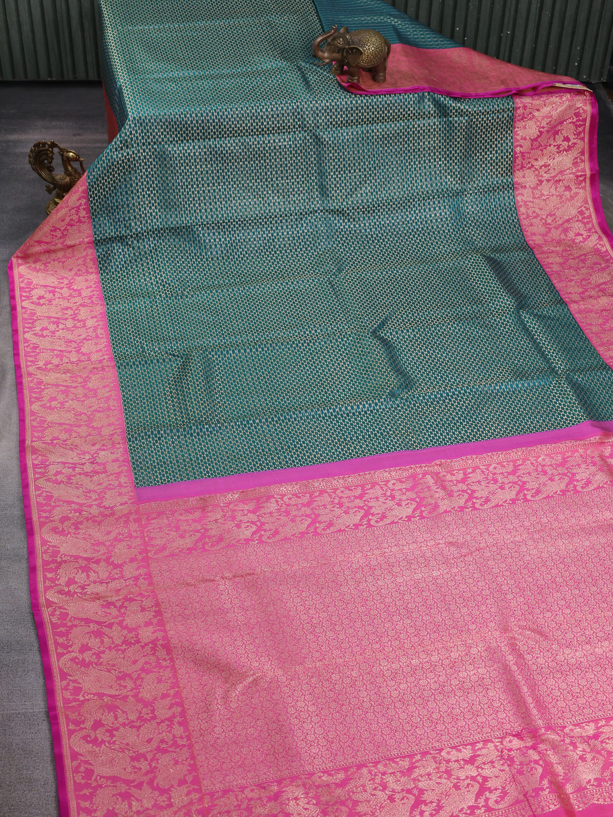 Teal Blue -Pink Pure Kanchipuram Silk Saree