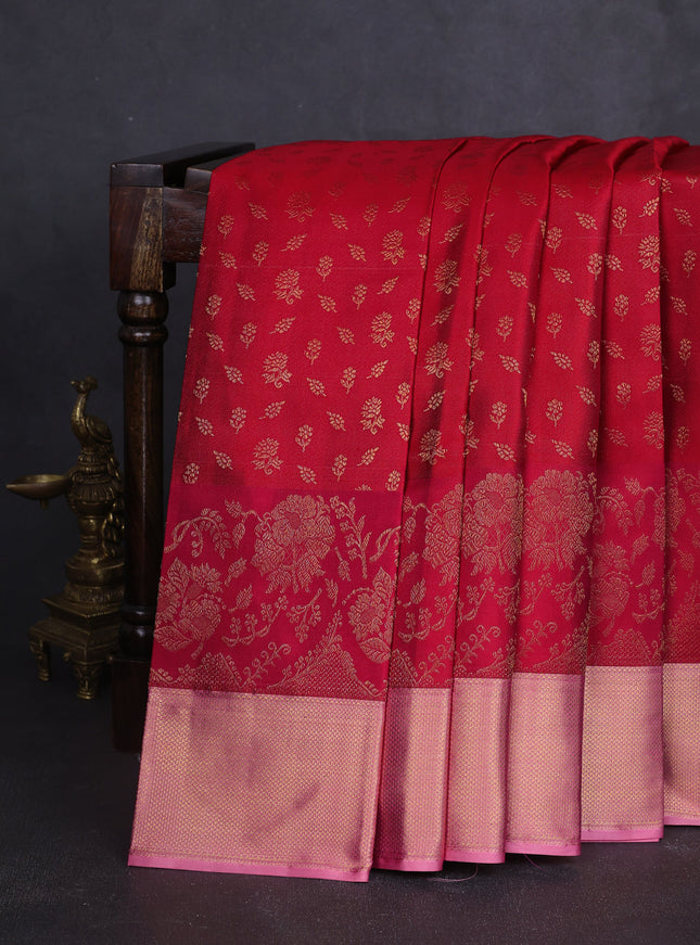 Red -Peach Pink Pure Kanchipuram Silk Saree
