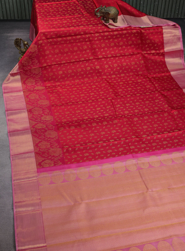 Red -Peach Pink Pure Kanchipuram Silk Saree