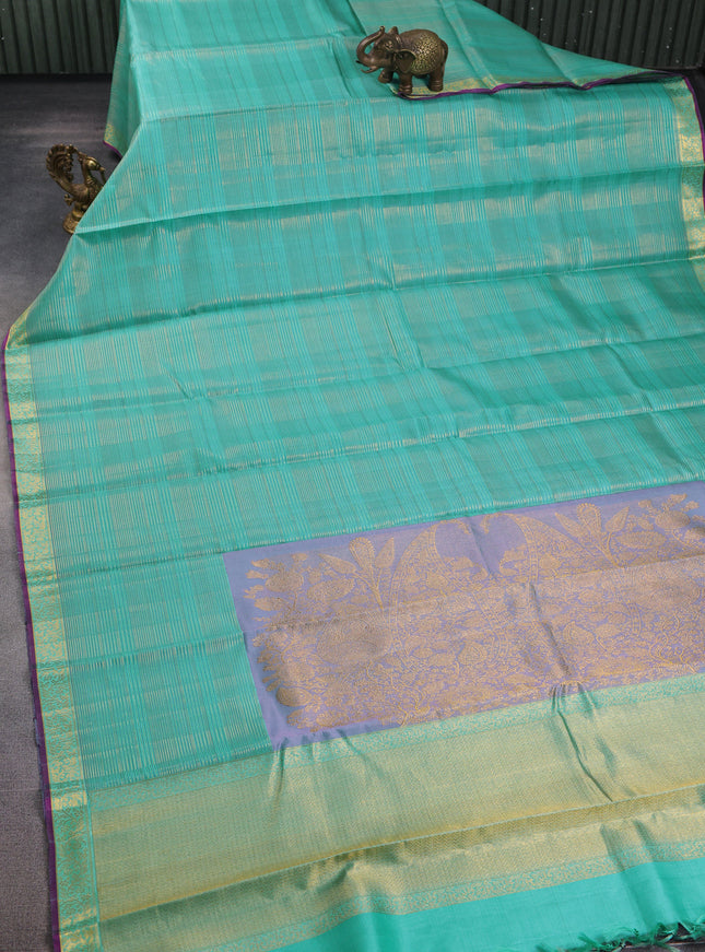Teal Blue - Lavender Pure Kanchipuram Silk Saree