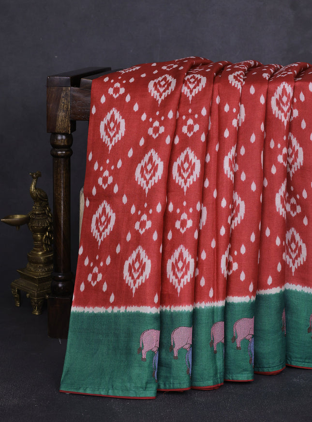 Red -Green Tussar Patola Pattern Embroidery Saree