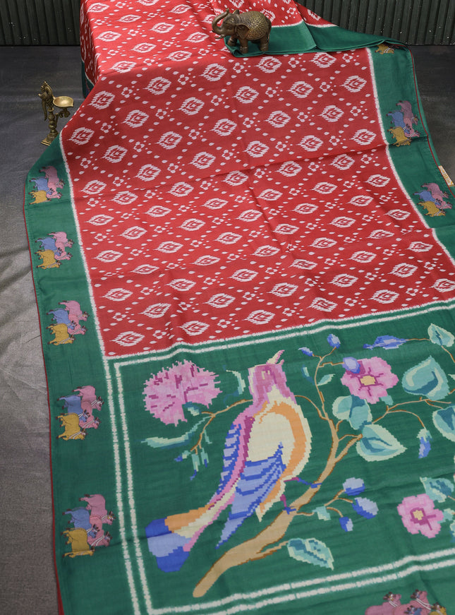 Red -Green Tussar Patola Pattern Embroidery Saree