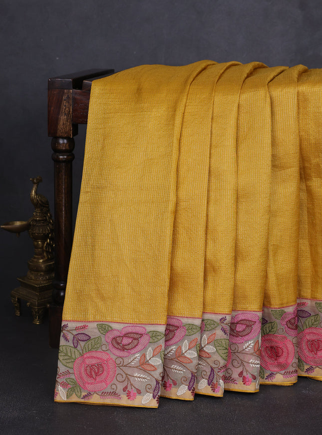 Mustard Yellow - Beige Tussar Zari Checked Pattern Embroidery Saree