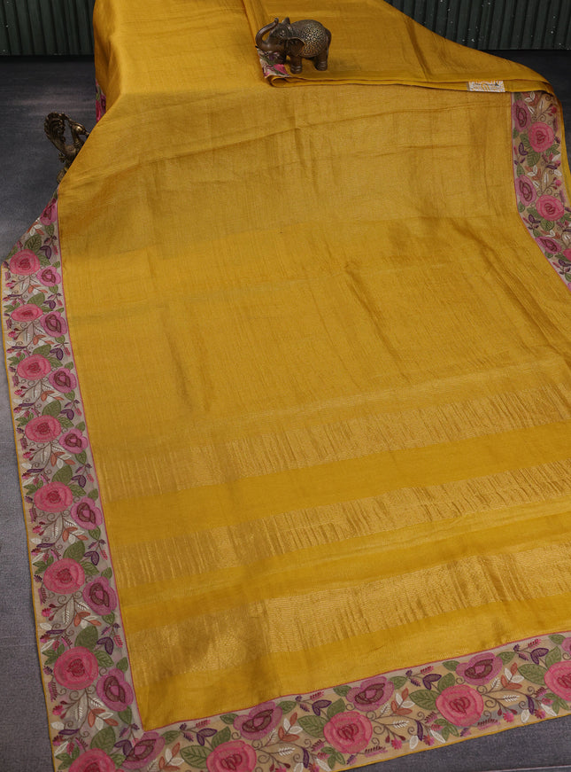 Mustard Yellow - Beige Tussar Zari Checked Pattern Embroidery Saree