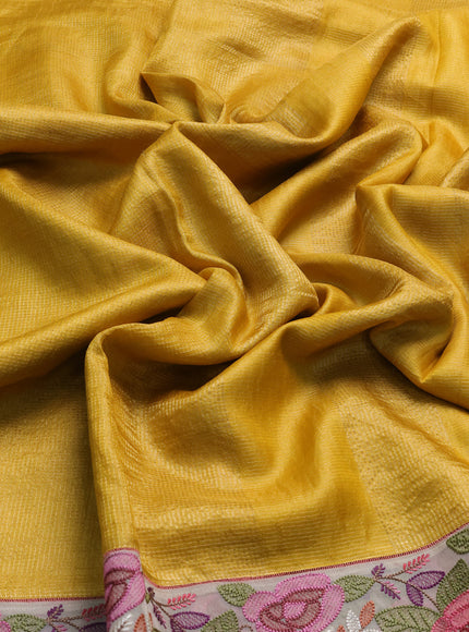 Mustard Yellow - Beige Tussar Zari Checked Pattern Embroidery Saree