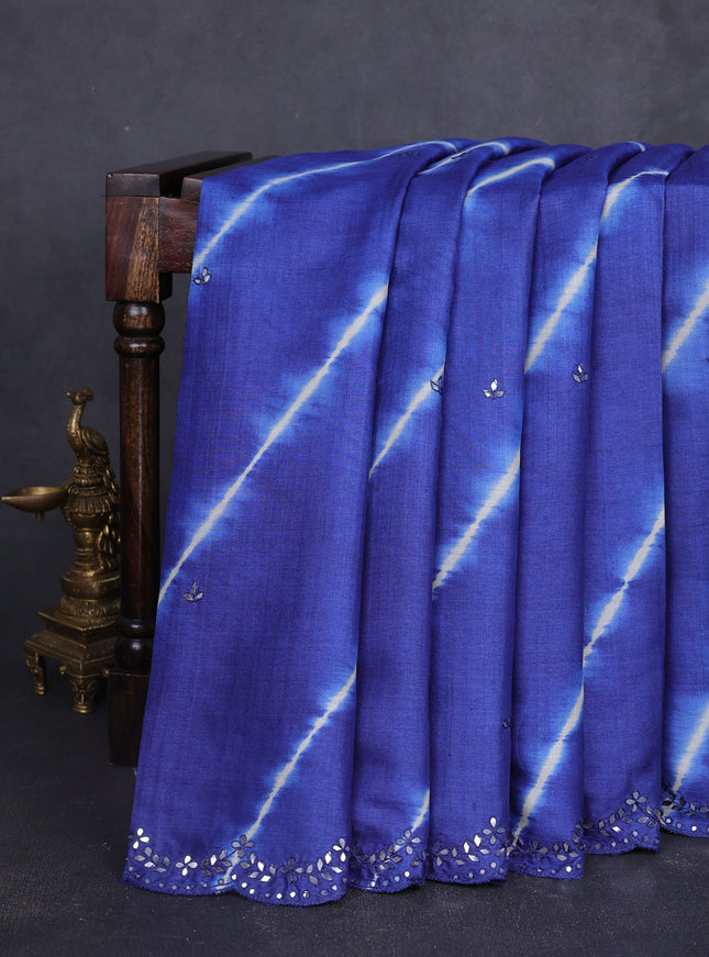 Royal Blue - Off White Tussar Leheriya Pattern Embroidery Saree