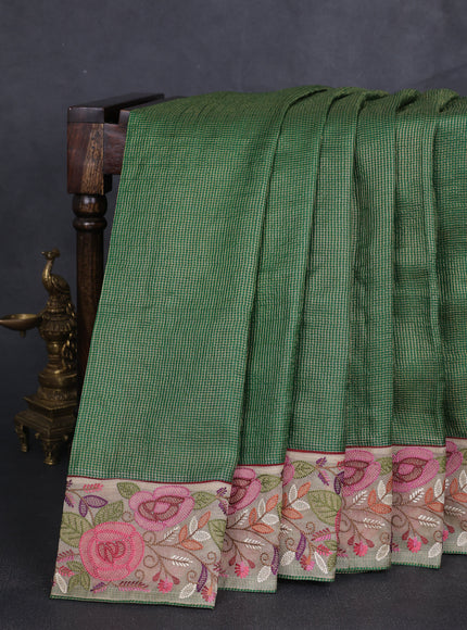 Green - Beige Tussar Zari Checked Pattern Embroidery Saree