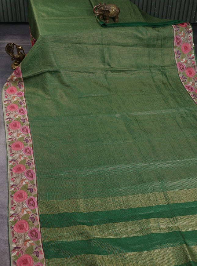 Green - Beige Tussar Zari Checked Pattern Embroidery Saree